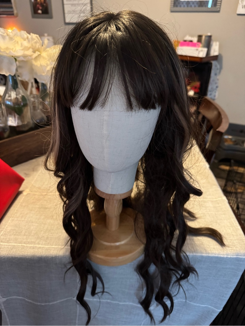 Natural Dark Brown Wavy Wig with Soft Fringe